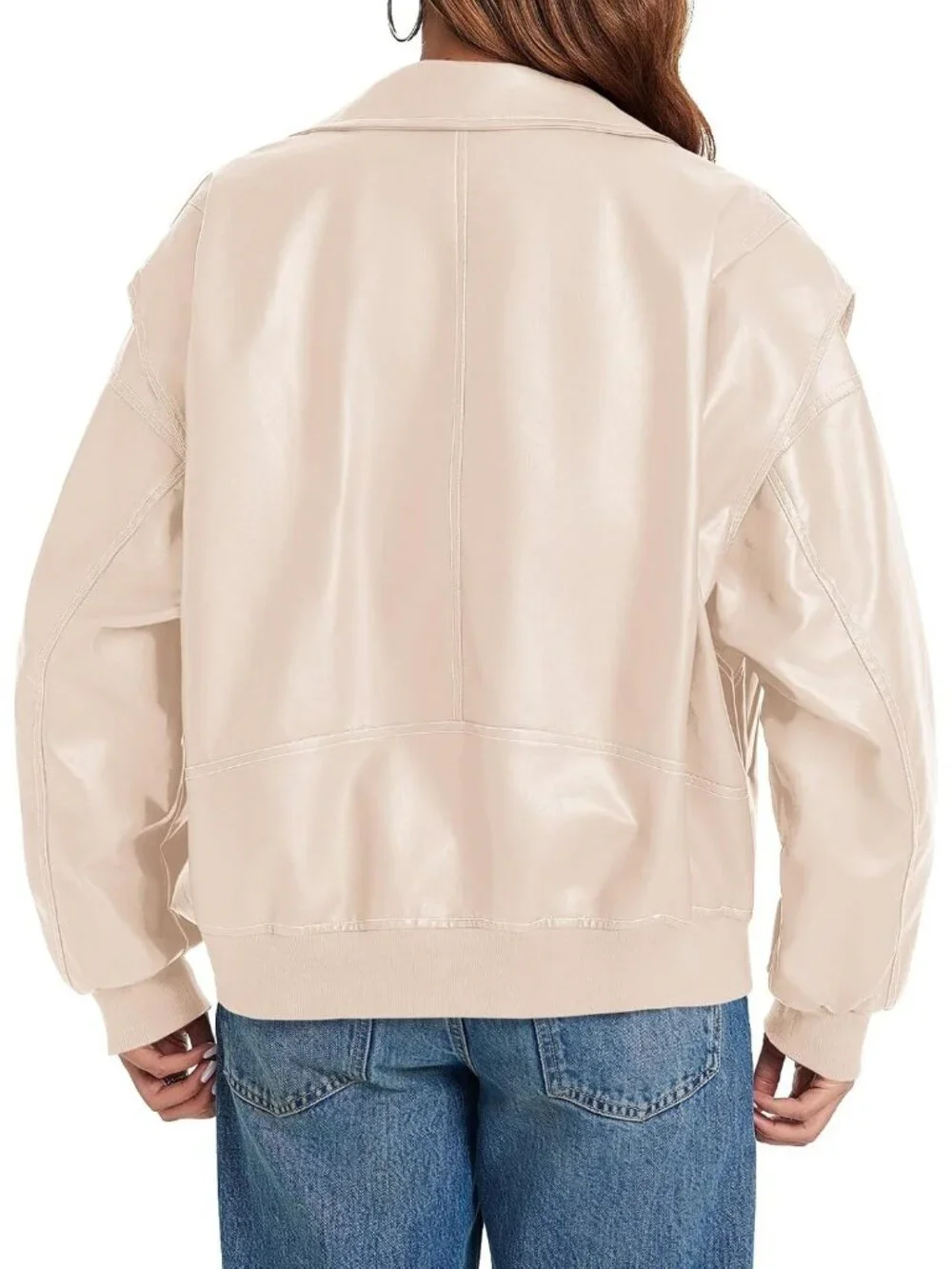 Women's Apricot Oversized Faux Leather Bomber Jacket Motorcycle ZIP Up Coat